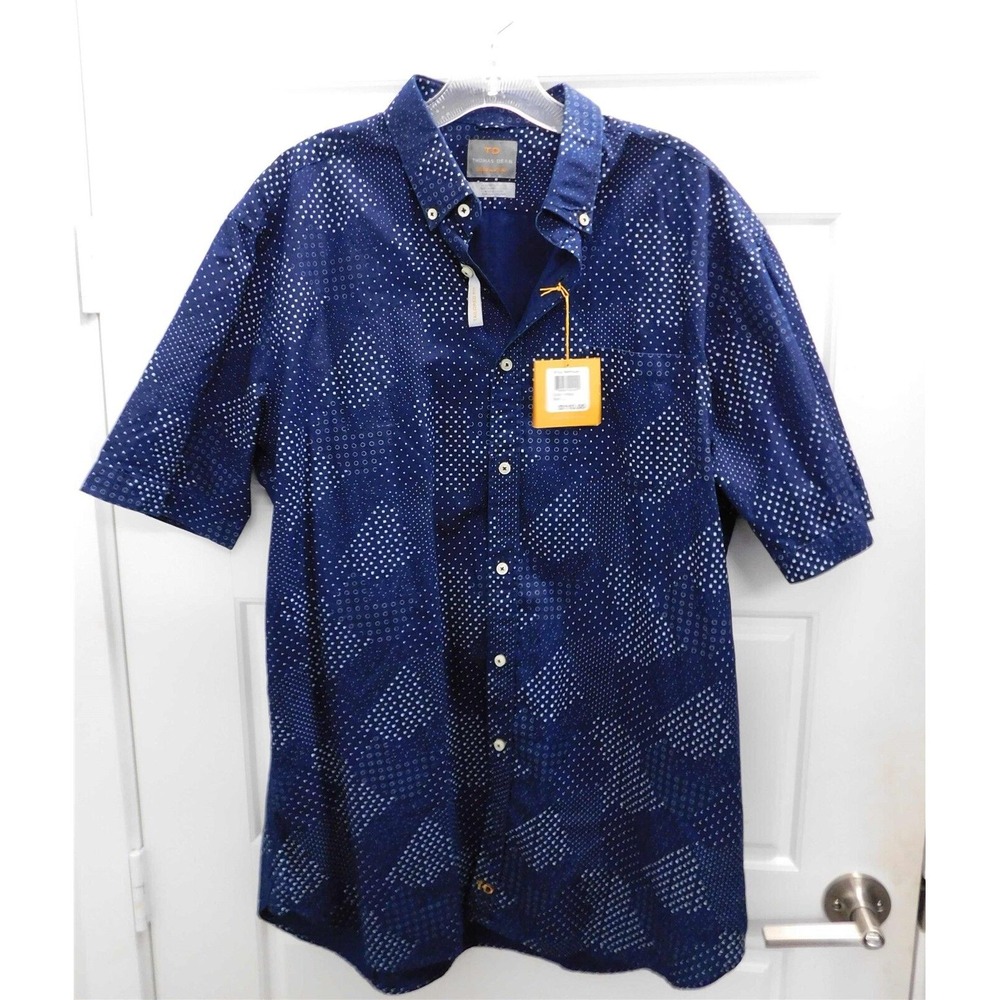 New Thomas Deanβ Indigo Blue 100% Cotton Button Down Short Sleeve Shirt sz L